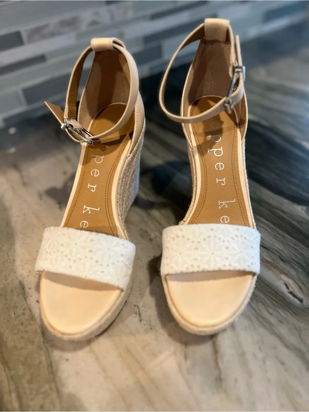 Copper Key Cream and Tan Espadrille Wedge Sandals with Ankle Strap